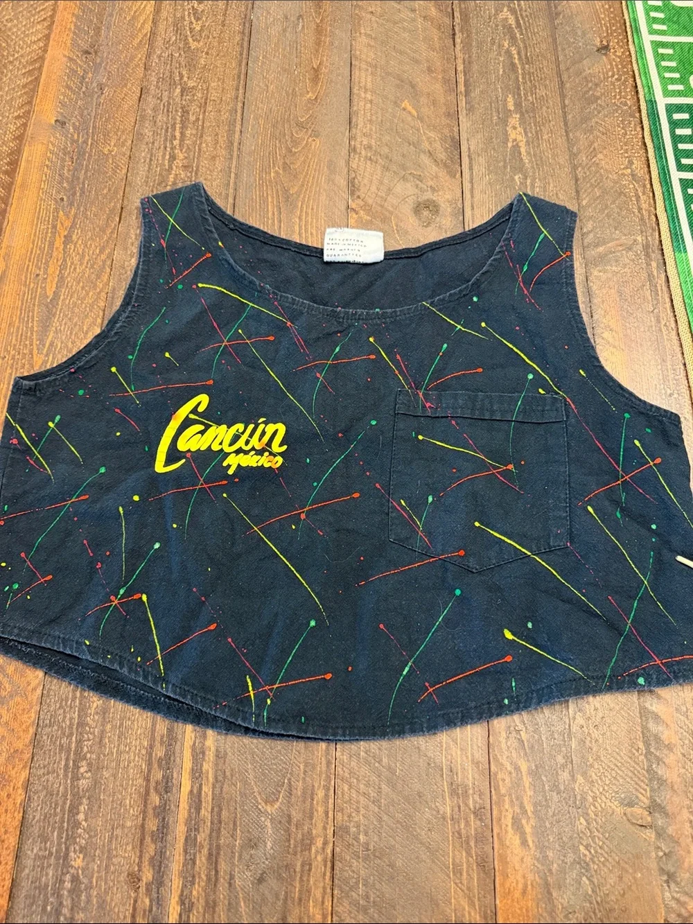Vintage Miro Cancun Mexico Neon Paint Splatter Crop Tank Top Shirt Pocket M GUC